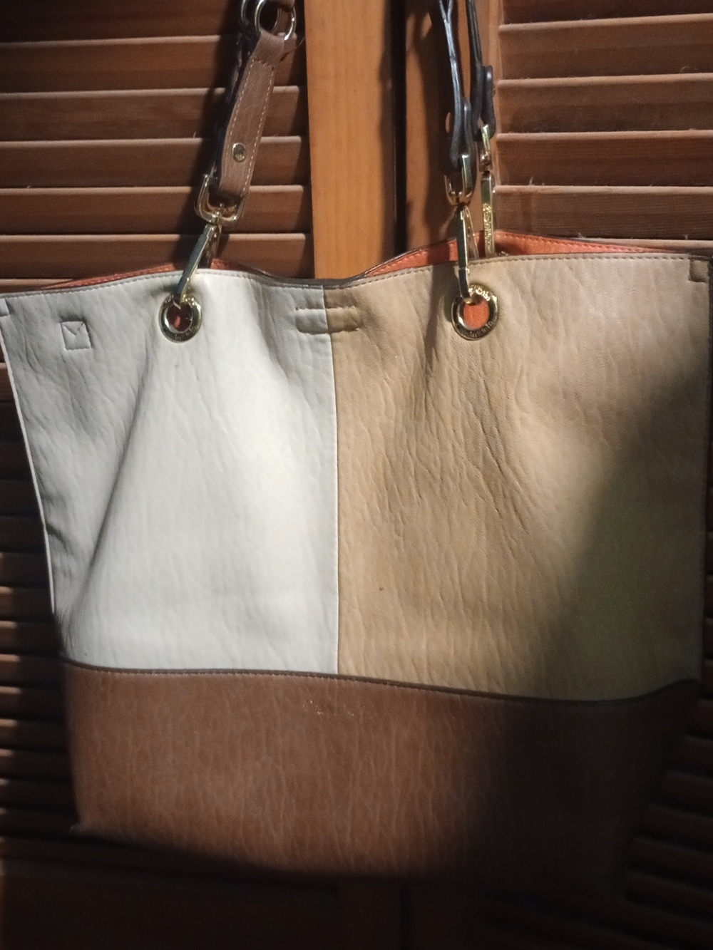 Colorblock Tote Bag in White, Tan & Brown Calvin Klein Reverse to orange